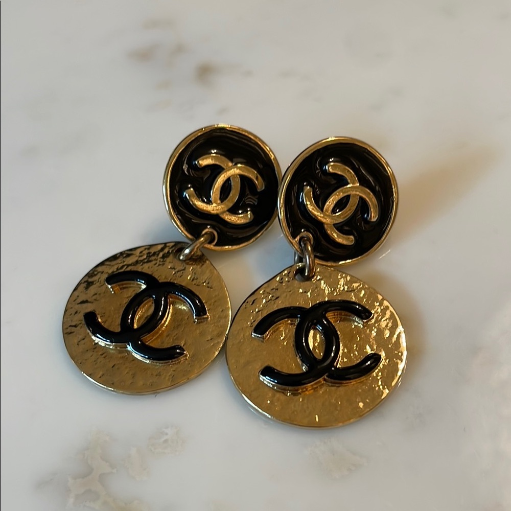 CHANEL Black and Gold Iconic Earrings
